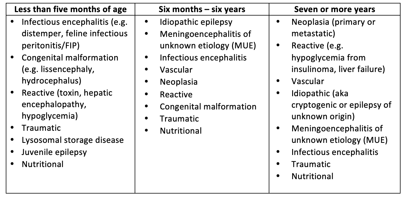 Example of a differential list for seizure etiology according to age group.