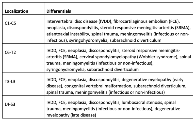 Table 1. List of differential diagnoses in pets with clinical signs of intervertebral disc disease (IVDD) according to localization.