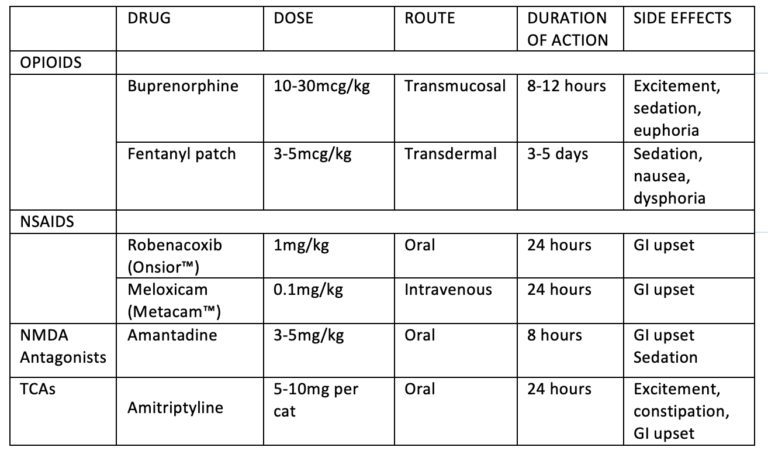 Table of drugs for Pain Management for the Feline Patient 